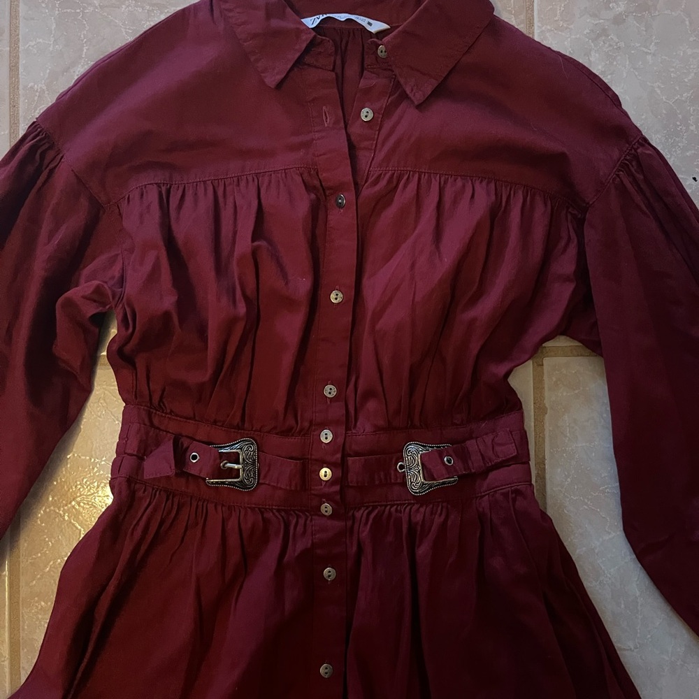Button-Front Burgundy Shirt Dress with Buckle Waist